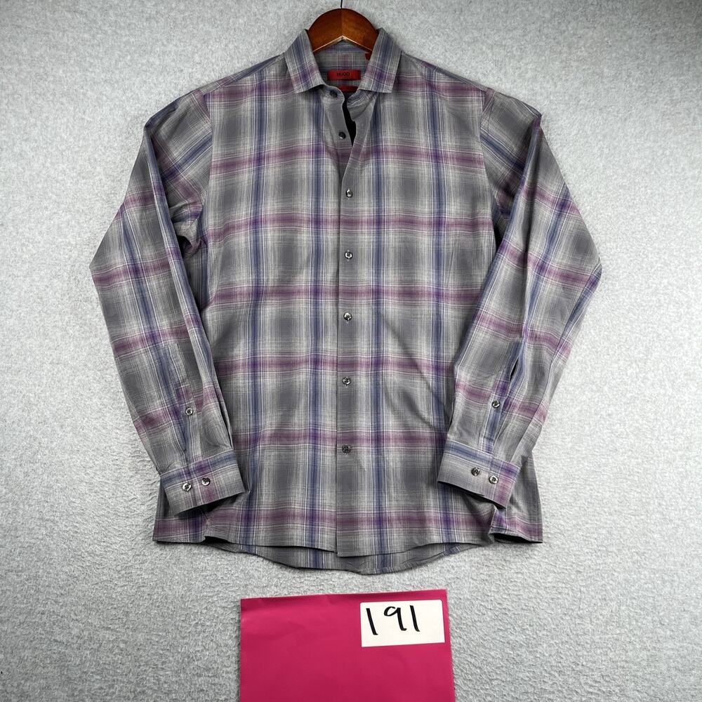 Hugo Boss Slim Line Shirt Small Gray Purple Plaid Button Up Long Sleeve Mens
